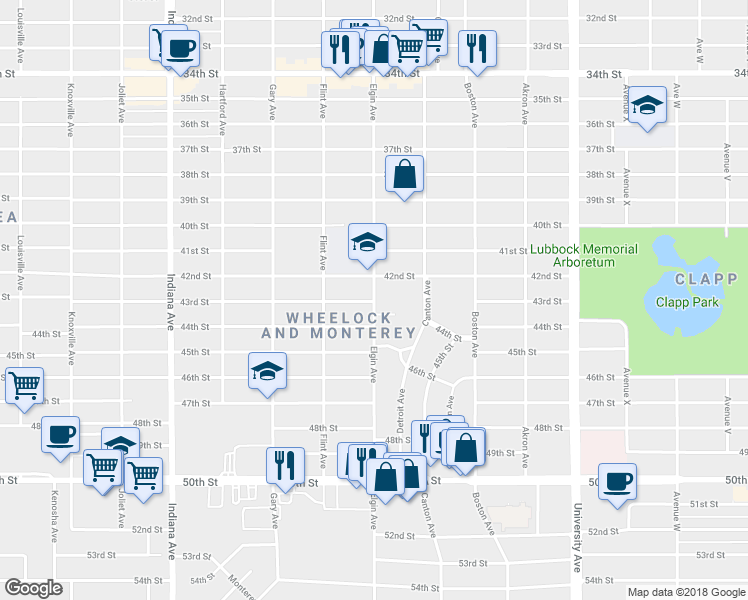 map of restaurants, bars, coffee shops, grocery stores, and more near 4303 Elgin Avenue in Lubbock