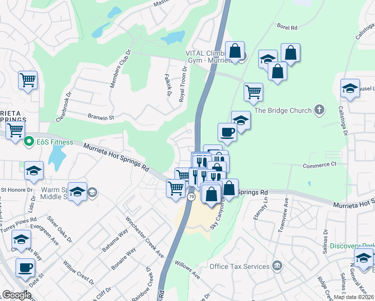 map of restaurants, bars, coffee shops, grocery stores, and more near 38245 Murrieta Hot Springs Road in Murrieta