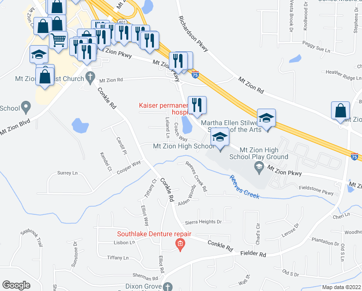 map of restaurants, bars, coffee shops, grocery stores, and more near 7308 Bridlewood Court in Jonesboro