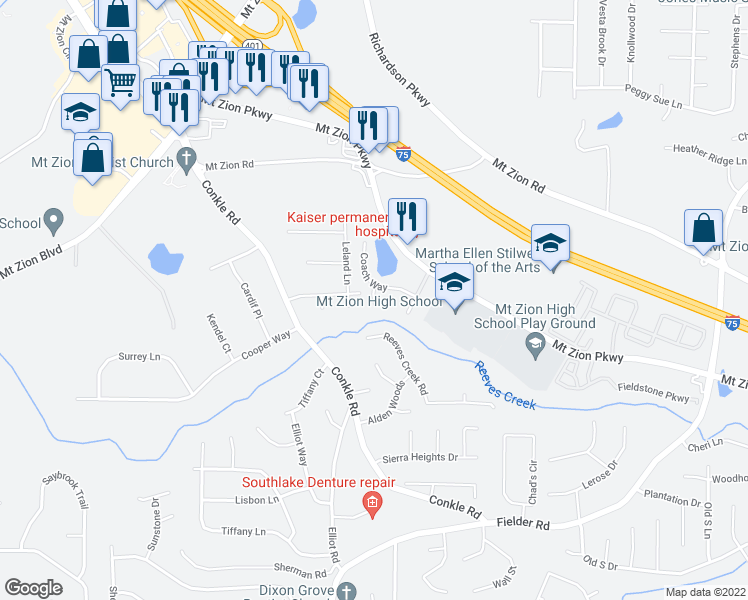 map of restaurants, bars, coffee shops, grocery stores, and more near Bridlewood Court in Jonesboro