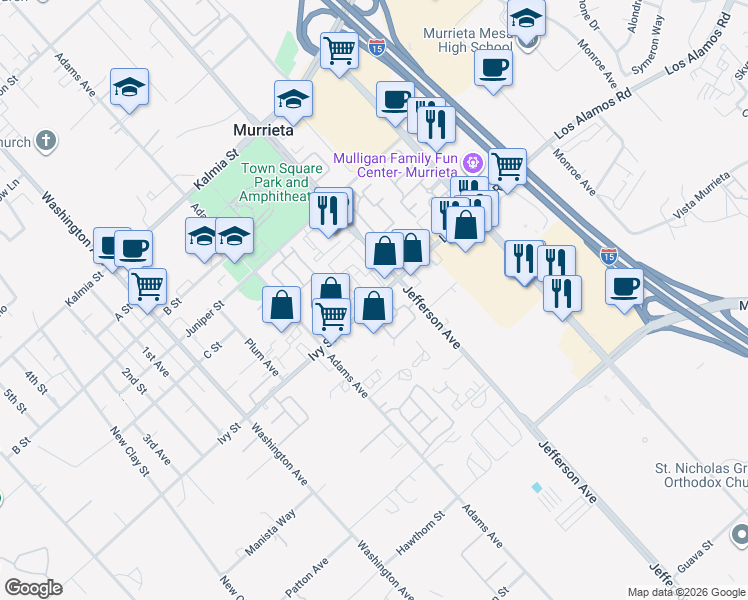 map of restaurants, bars, coffee shops, grocery stores, and more near 41531 King Palm Avenue in Murrieta