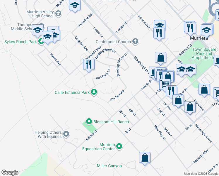 map of restaurants, bars, coffee shops, grocery stores, and more near 42291 Wild Mustang Road in Murrieta