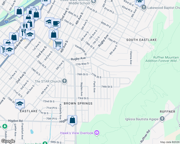 map of restaurants, bars, coffee shops, grocery stores, and more near 754 76th Street South in Birmingham