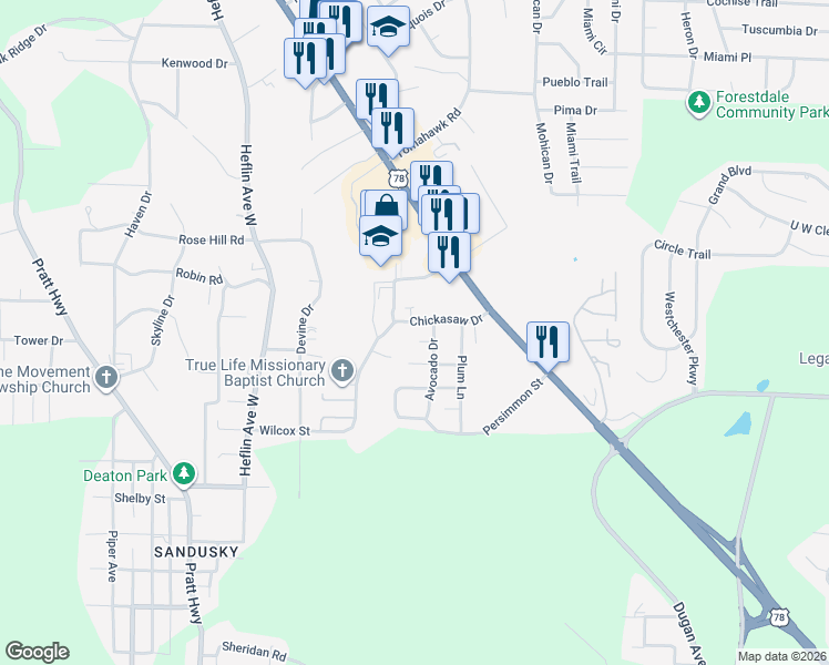 map of restaurants, bars, coffee shops, grocery stores, and more near 221 Chickasaw Drive in Birmingham