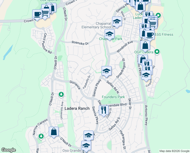 map of restaurants, bars, coffee shops, grocery stores, and more near 18 Notchbrook Lane in Ladera Ranch