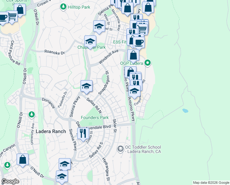 map of restaurants, bars, coffee shops, grocery stores, and more near 10 Amy Way in Ladera Ranch