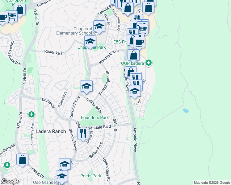 map of restaurants, bars, coffee shops, grocery stores, and more near 10 Amy Way in Ladera Ranch