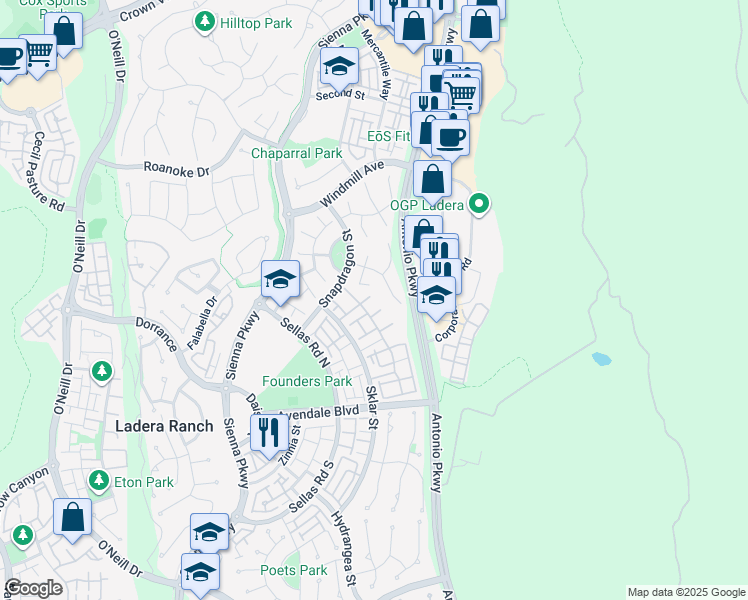 map of restaurants, bars, coffee shops, grocery stores, and more near 10 Amy Way in Ladera Ranch