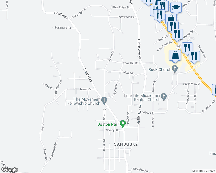 map of restaurants, bars, coffee shops, grocery stores, and more near 629 Bluebell Road in Birmingham