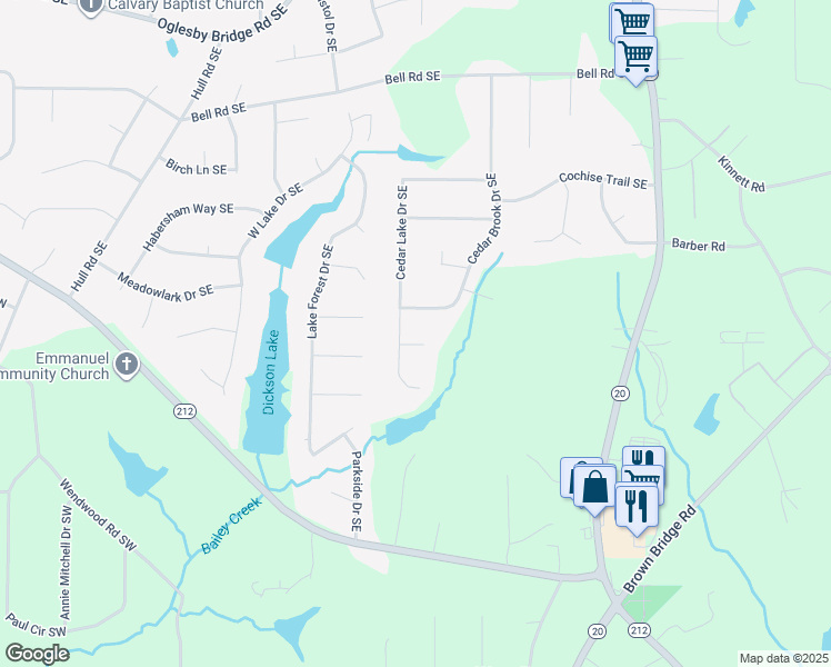 map of restaurants, bars, coffee shops, grocery stores, and more near 4903 Cedar Court Southeast in Conyers