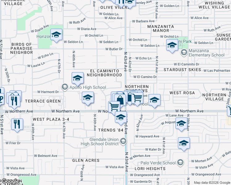 map of restaurants, bars, coffee shops, grocery stores, and more near 4401 West Royal Palm Road in Glendale