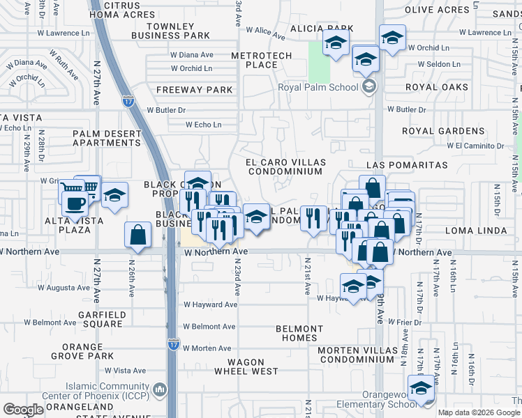 map of restaurants, bars, coffee shops, grocery stores, and more near 2201-2299 W Royal Palm Rd in Phoenix