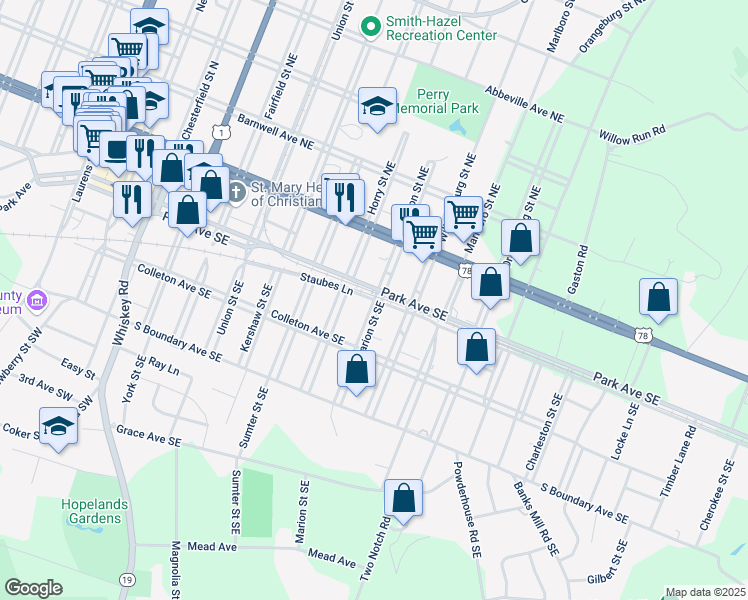 map of restaurants, bars, coffee shops, grocery stores, and more near 201 Marion Street Southeast in Aiken