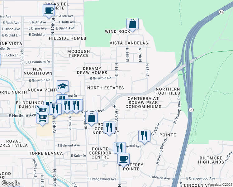 map of restaurants, bars, coffee shops, grocery stores, and more near East Northern Avenue in Phoenix