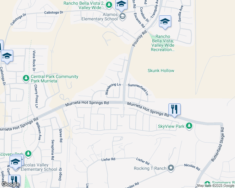 map of restaurants, bars, coffee shops, grocery stores, and more near 38939 Autumn Woods Road in Murrieta