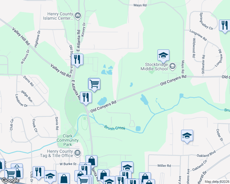 map of restaurants, bars, coffee shops, grocery stores, and more near 115 Collier Road in Stockbridge