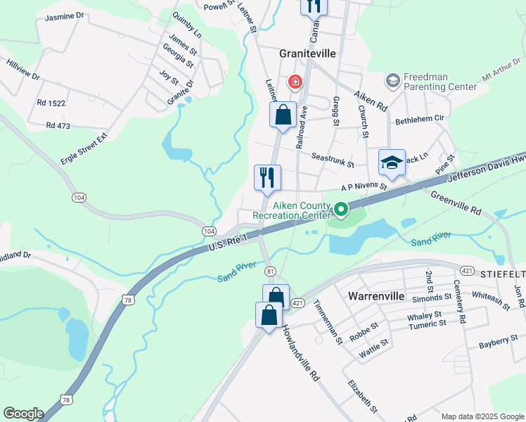map of restaurants, bars, coffee shops, grocery stores, and more near 205 Baker Street in Graniteville