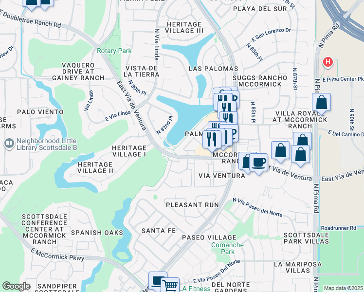 map of restaurants, bars, coffee shops, grocery stores, and more near 8300 East Vía de Ventura in Scottsdale