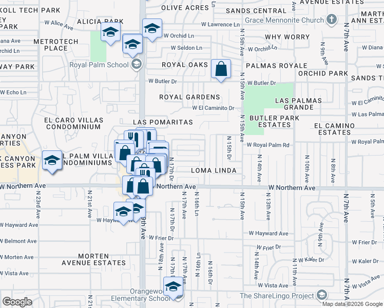 map of restaurants, bars, coffee shops, grocery stores, and more near 1630 West Harmont Drive in Phoenix