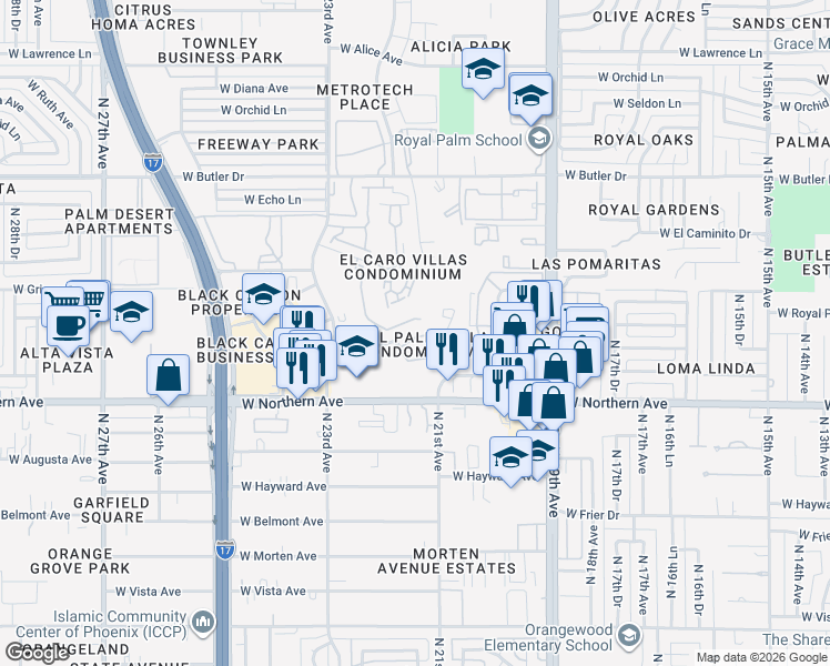 map of restaurants, bars, coffee shops, grocery stores, and more near 2199 West Royal Palm Road in Phoenix
