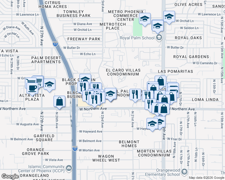map of restaurants, bars, coffee shops, grocery stores, and more near 2201-2299 W Royal Palm Rd in Phoenix
