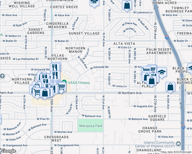 map of restaurants, bars, coffee shops, grocery stores, and more near 8059 North 31st Lane in Phoenix