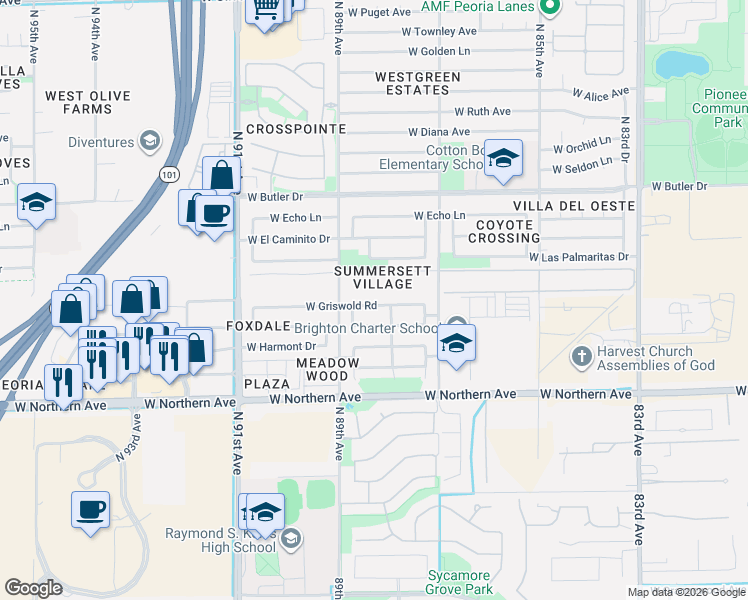 map of restaurants, bars, coffee shops, grocery stores, and more near 8835 West Griswold Road in Peoria