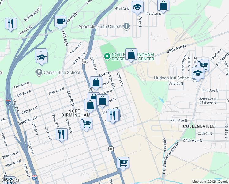map of restaurants, bars, coffee shops, grocery stores, and more near 3211 27th Court North in Birmingham