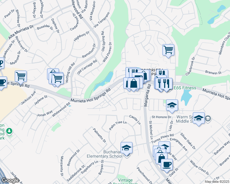 map of restaurants, bars, coffee shops, grocery stores, and more near 26130 Williams Way in Murrieta