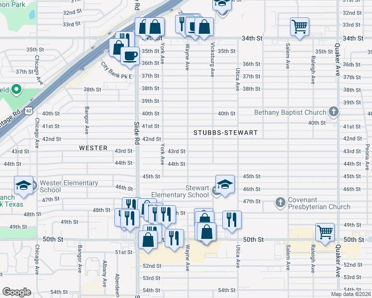 map of restaurants, bars, coffee shops, grocery stores, and more near 5007 43rd Street in Lubbock