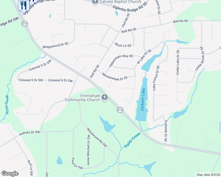 map of restaurants, bars, coffee shops, grocery stores, and more near 707 Morningside Circle Southeast in Conyers