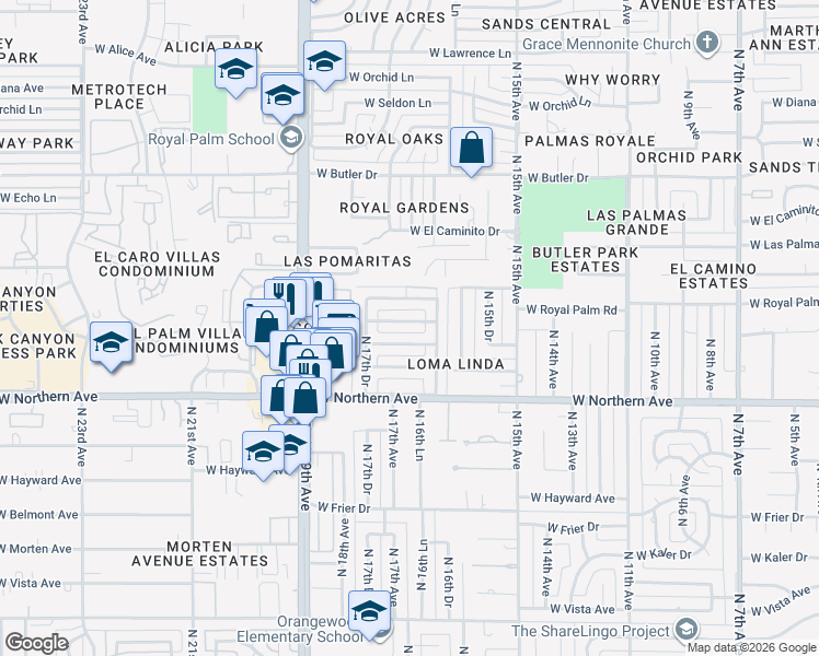 map of restaurants, bars, coffee shops, grocery stores, and more near 1630 West Harmont Drive in Phoenix