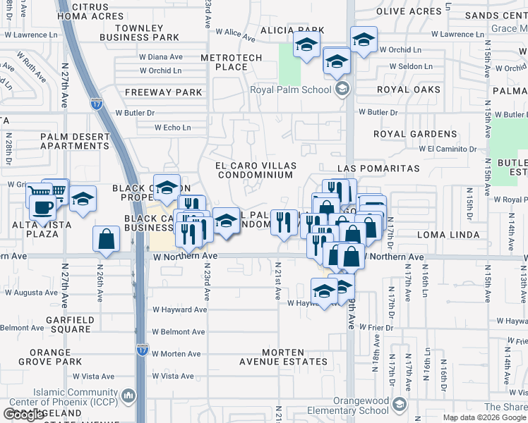 map of restaurants, bars, coffee shops, grocery stores, and more near 2199 West Royal Palm Road in Phoenix