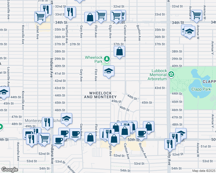 map of restaurants, bars, coffee shops, grocery stores, and more near in Lubbock