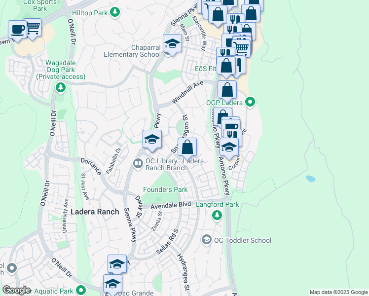 map of restaurants, bars, coffee shops, grocery stores, and more near 8 Snapdragon Street in Ladera Ranch