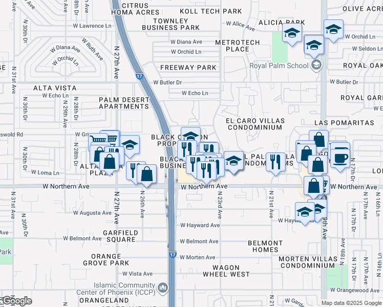 map of restaurants, bars, coffee shops, grocery stores, and more near 8055 North 24th Avenue in Phoenix