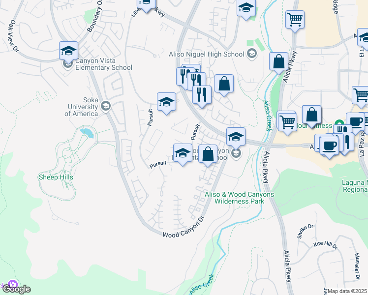 map of restaurants, bars, coffee shops, grocery stores, and more near 24 Lyon Ridge in Aliso Viejo