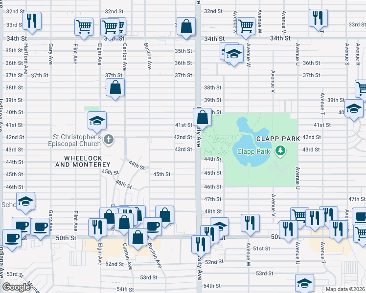 map of restaurants, bars, coffee shops, grocery stores, and more near 2519 43rd Street in Lubbock
