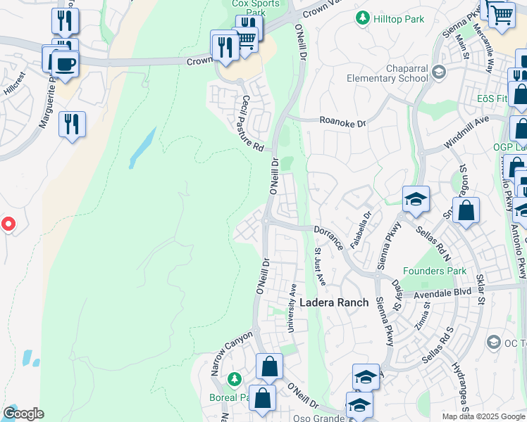 map of restaurants, bars, coffee shops, grocery stores, and more near 17 Baccus in Mission Viejo