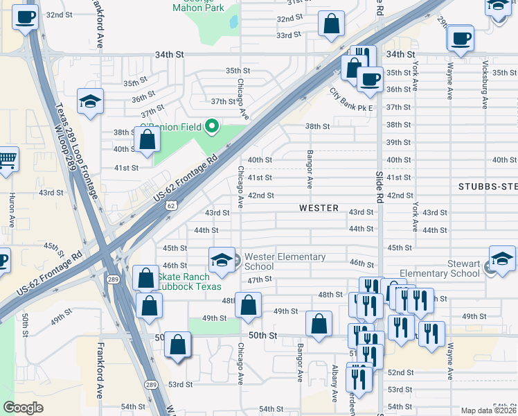 map of restaurants, bars, coffee shops, grocery stores, and more near 5421 43rd Street in Lubbock
