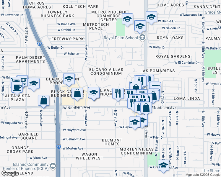 map of restaurants, bars, coffee shops, grocery stores, and more near 2121 West Royal Palm Road in Phoenix