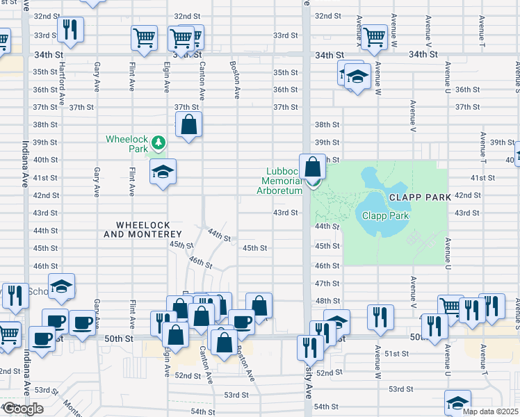 map of restaurants, bars, coffee shops, grocery stores, and more near 2613 43rd Street in Lubbock
