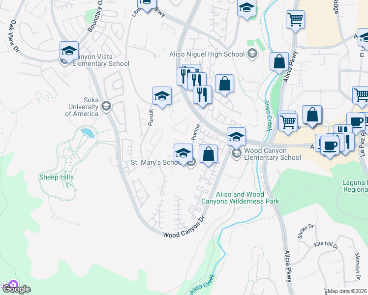 map of restaurants, bars, coffee shops, grocery stores, and more near 24 Lyon Ridge in Aliso Viejo