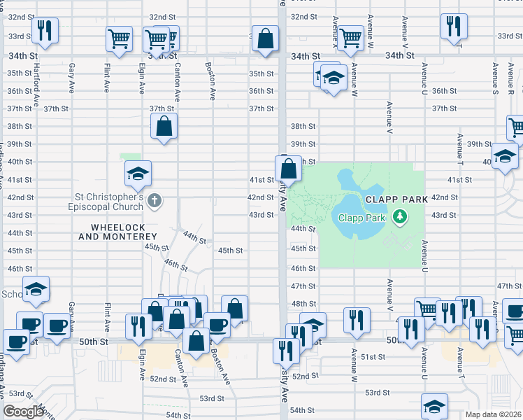 map of restaurants, bars, coffee shops, grocery stores, and more near 2519 43rd Street in Lubbock