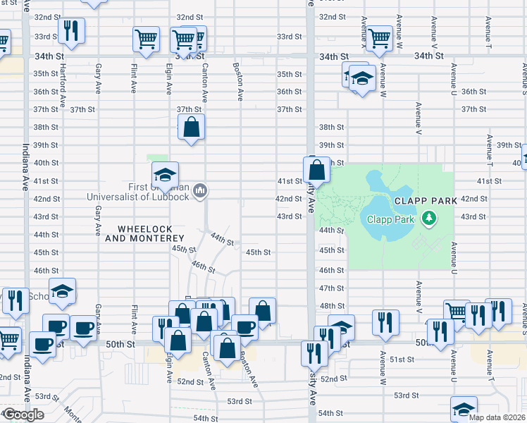 map of restaurants, bars, coffee shops, grocery stores, and more near 2613 43rd Street in Lubbock