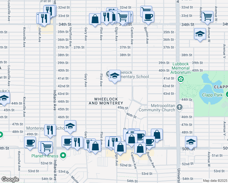 map of restaurants, bars, coffee shops, grocery stores, and more near in Lubbock