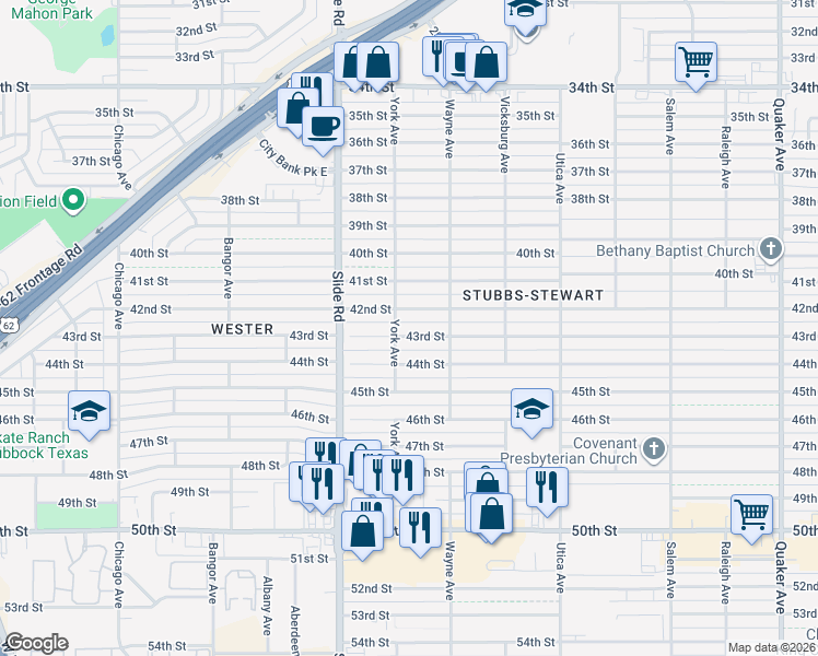 map of restaurants, bars, coffee shops, grocery stores, and more near 5007 43rd Street in Lubbock