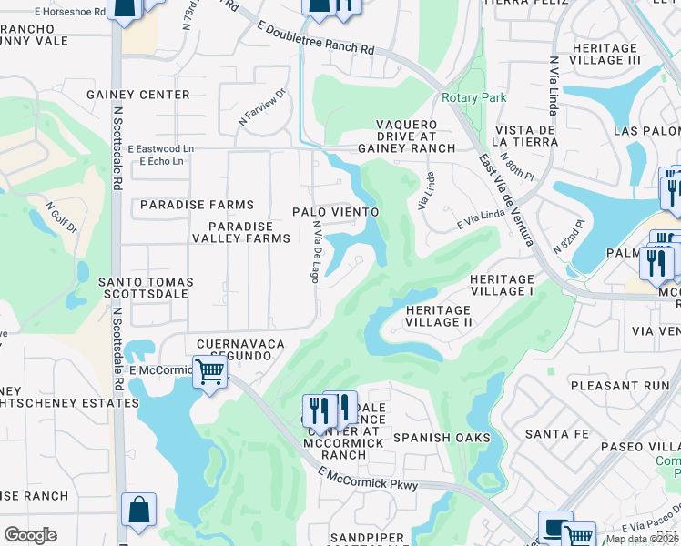 map of restaurants, bars, coffee shops, grocery stores, and more near 7625 East Vía Del Placito in Scottsdale