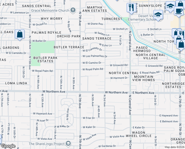 map of restaurants, bars, coffee shops, grocery stores, and more near 341 West Harmont Drive in Phoenix