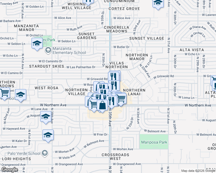 map of restaurants, bars, coffee shops, grocery stores, and more near 3502 West Harmont Drive in Phoenix